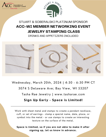 Stuart & Soberalski Platinum Sponsor ACC-WI Member Networking Event  Jewelry stamping class